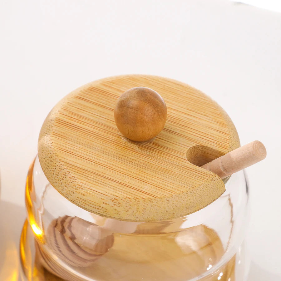 Pot à Miel en Verre Transparent avec Couvercle en Bois – Design Raffiné
