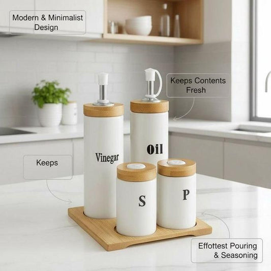 Service de Table Complet 5 Pièces : Bouteilles Huile & Vinaigre et Pots à Épices sur Support