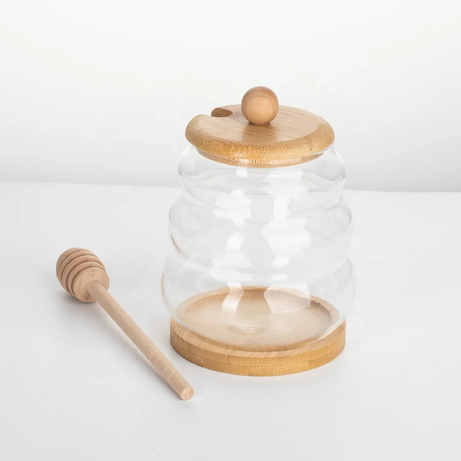 Pot à Miel en Verre Transparent avec Couvercle en Bois – Design Raffiné