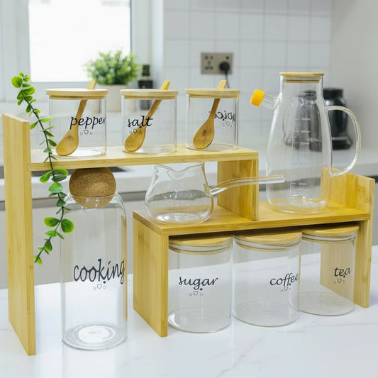NESTO🫙 Ensemble de Bocaux en Verre avec Support en Bambou – Organisation Élégante & Naturelle pour la Cuisine