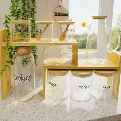 NESTO🫙 Ensemble de Bocaux en Verre avec Support en Bambou – Organisation Élégante & Naturelle pour la Cuisine