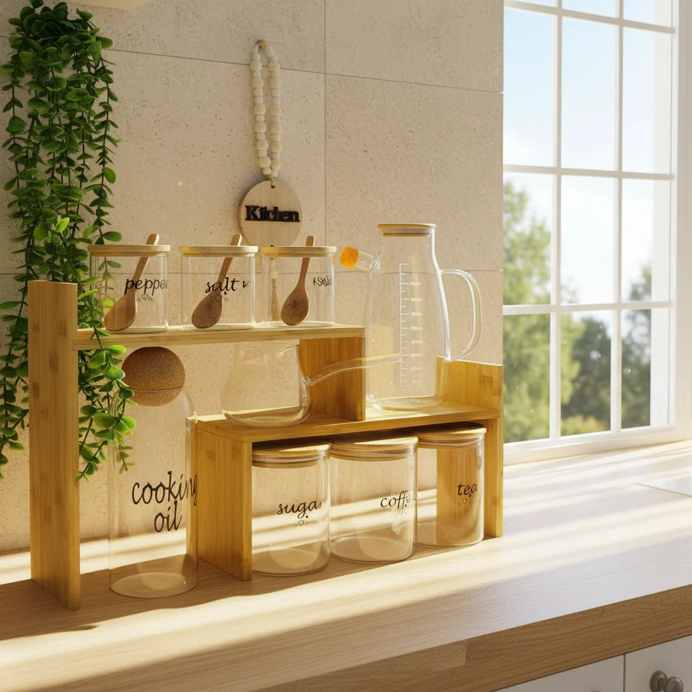 NESTO🫙 Ensemble de Bocaux en Verre avec Support en Bambou – Organisation Élégante & Naturelle pour la Cuisine