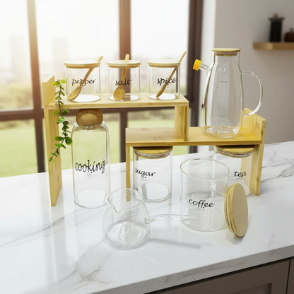 NESTO🫙 Ensemble de Bocaux en Verre avec Support en Bambou – Organisation Élégante & Naturelle pour la Cuisine