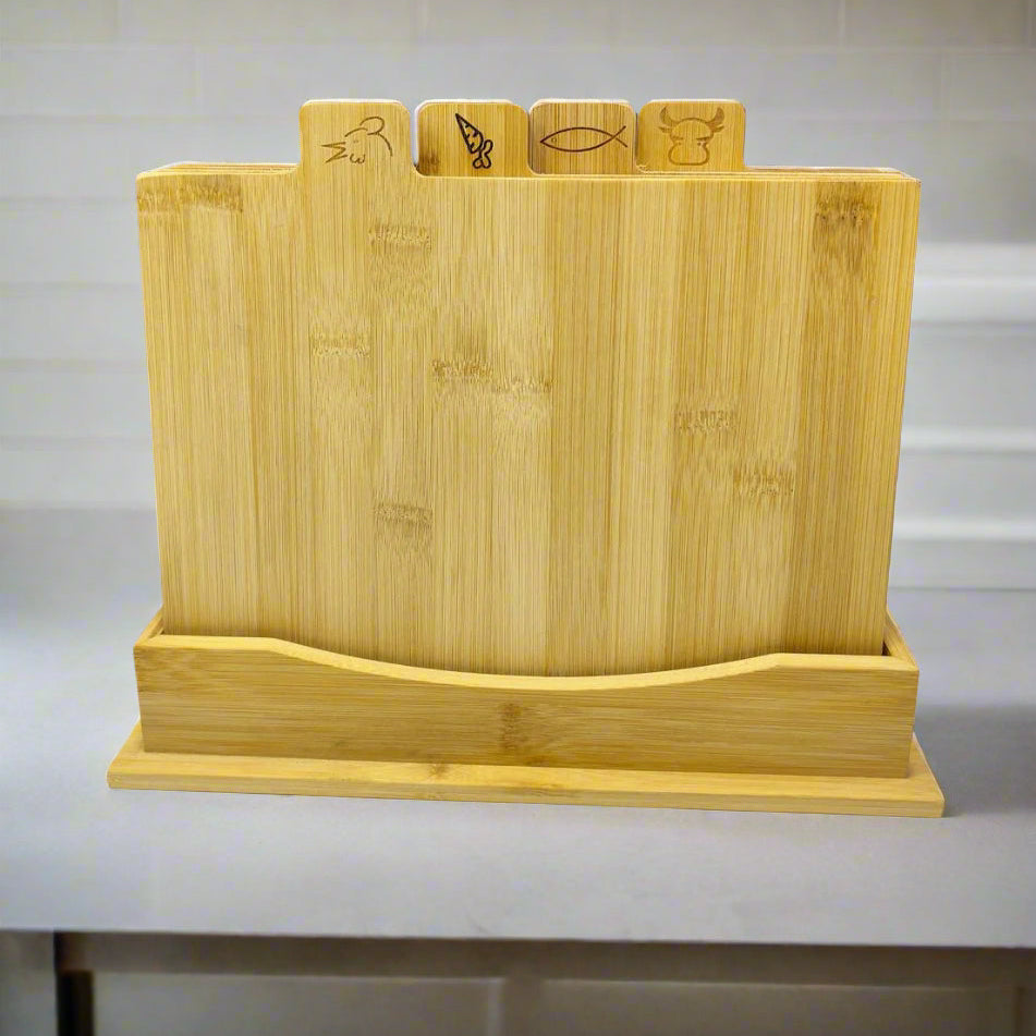 Set de 4 Planches à Découper en Bambou avec Support