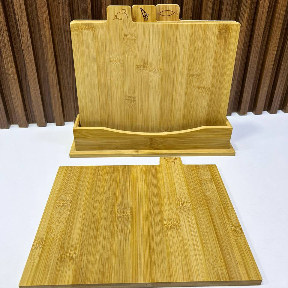 Set de 4 Planches à Découper en Bambou avec Support