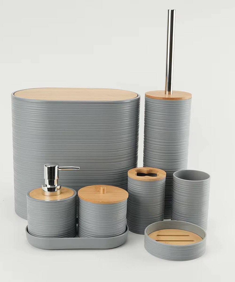 🛁 Ensemble d'Accessoires de Salle de Bain Noir &amp; Bambou – Set Complet 7 Pièces