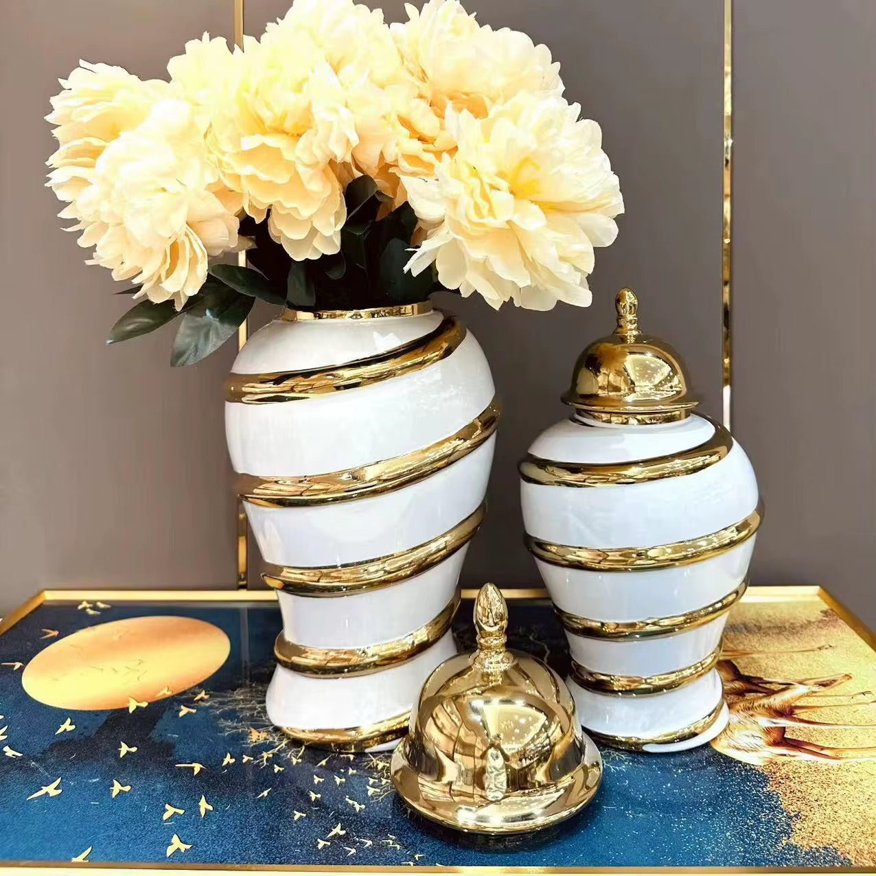 Ensemble 🏺 de Vases Décoratifs en Céramique Blanc et Or – Style Luxe Moderne