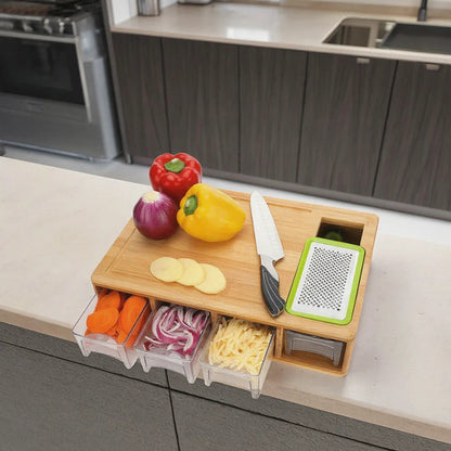 Planche à Découper en Bambou – Moderne & Multifonctionnelle avec Contenants et Râpes