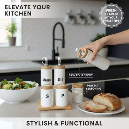 Service de Table Complet 5 Pièces : Bouteilles Huile & Vinaigre et Pots à Épices sur Support