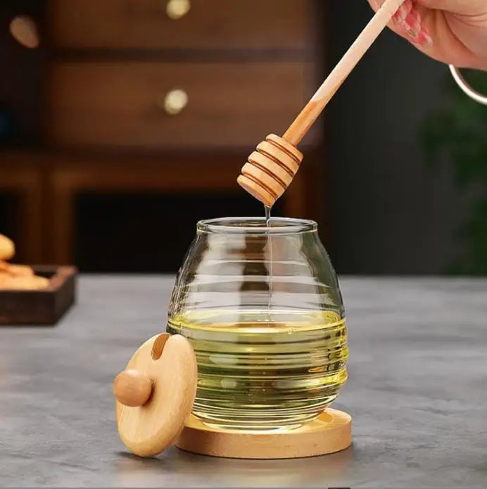 Pot à Miel en Verre Borosilicate avec Couvercle & Cuillère en Bambou