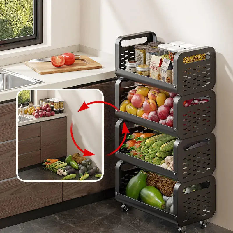 Chariot de rangement cuisine, rangement fruits et légumes, chariot à roulettes, étagère de cuisine, rangement 5 niveaux, chariot multifonction, rangement mobile, organisateur cuisine, meuble de rangement, panier à légumes roulant. nesto.ma