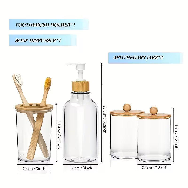 Ensemble d'Accessoires de Salle de Bain en Verre & Bambou – 4 Pièces