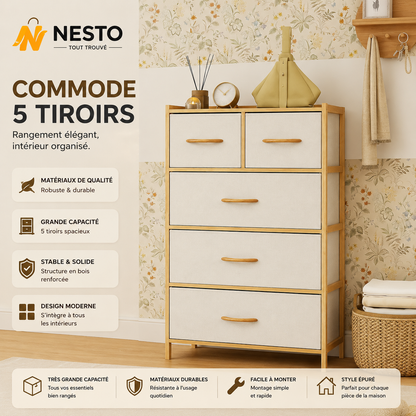 Commode 5 Tiroirs en Tissu et Bambou – Meuble de Rangement avec Dessus en Bois