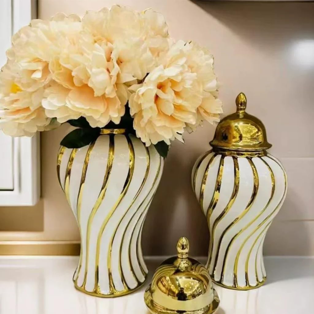 Ensemble 🏺 de Vases Décoratifs en Céramique Blanc et Or – Style Luxe Moderne