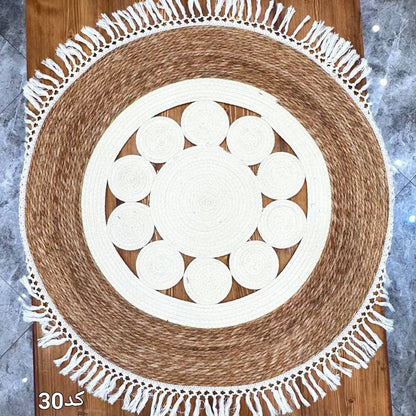 Tapis Rond Bohème en Jute Naturel & Coton – 1,20 m