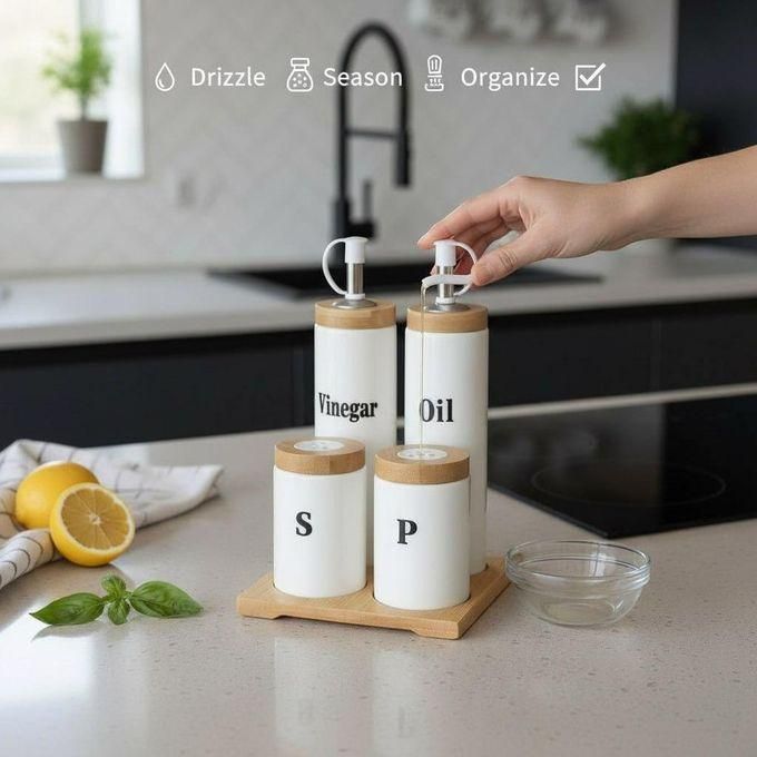 Service de Table Complet 5 Pièces : Bouteilles Huile & Vinaigre et Pots à Épices sur Support