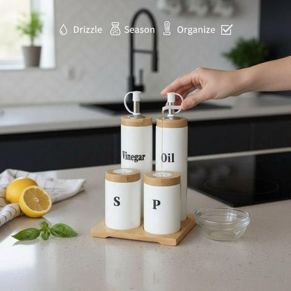Service de Table Complet 5 Pièces : Bouteilles Huile & Vinaigre et Pots à Épices sur Support
