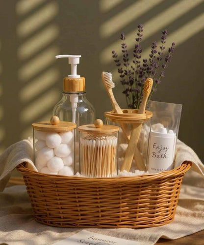 Ensemble d'Accessoires de Salle de Bain en Verre & Bambou – 4 Pièces