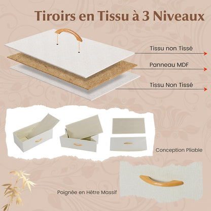 Commode 5 Tiroirs en Tissu et Bambou – Meuble de Rangement avec Dessus en Bois