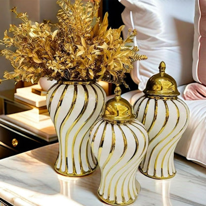 Ensemble 🏺 de Vases Décoratifs en Céramique Blanc et Or – Style Luxe Moderne