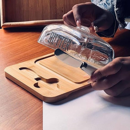 Beurrier avec couvercle en verre et plateau en bambou