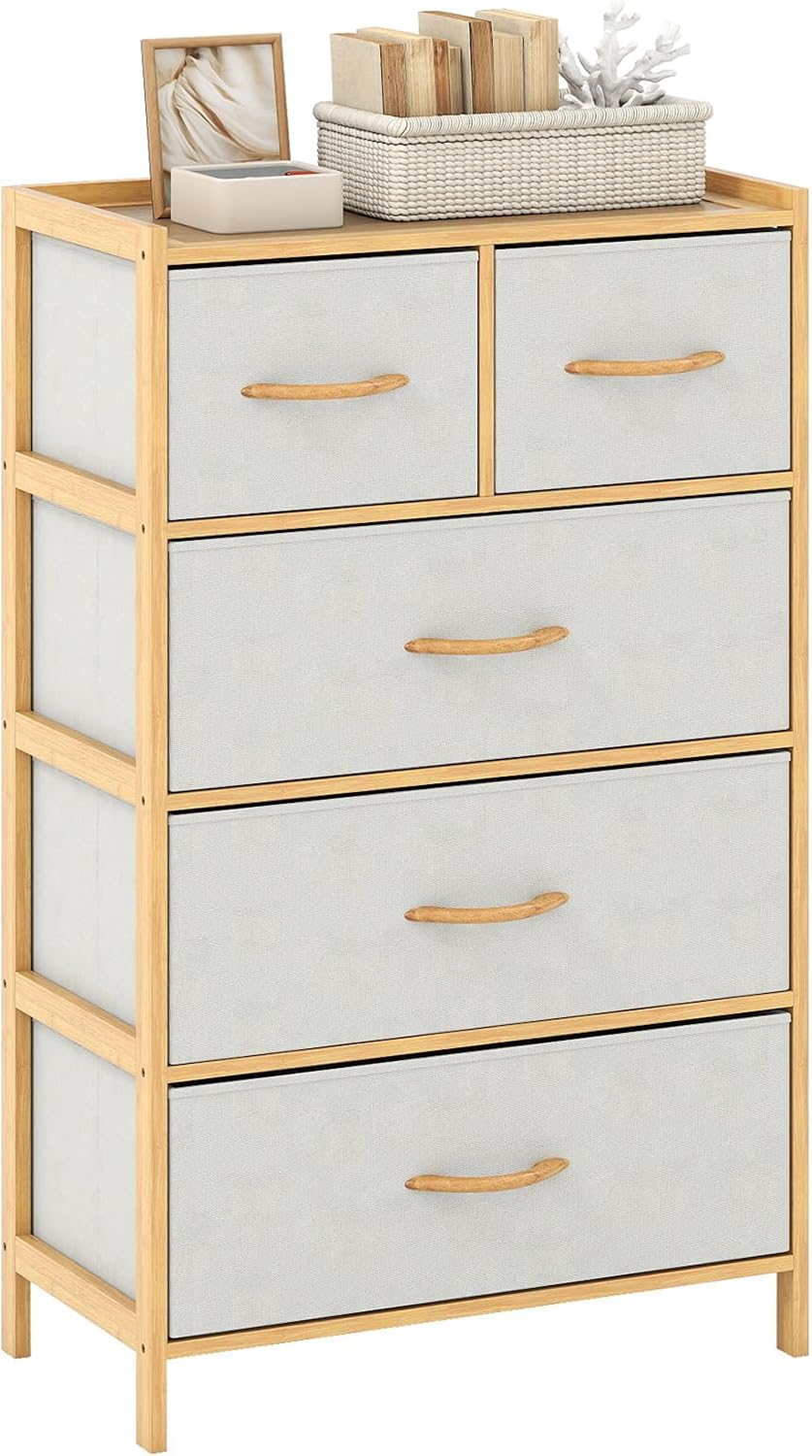 Commode 5 Tiroirs en Tissu et Bambou – Meuble de Rangement avec Dessus en Bois
