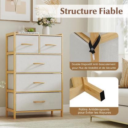 Commode 5 Tiroirs en Tissu et Bambou – Meuble de Rangement avec Dessus en Bois