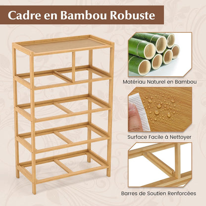 Commode 5 Tiroirs en Tissu et Bambou – Meuble de Rangement avec Dessus en Bois