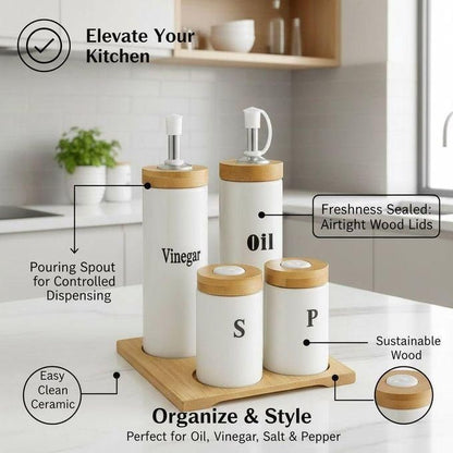 Service de Table Complet 5 Pièces : Bouteilles Huile & Vinaigre et Pots à Épices sur Support