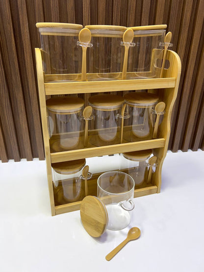 Service à Épices en Verre et Bois – 9 Pièces