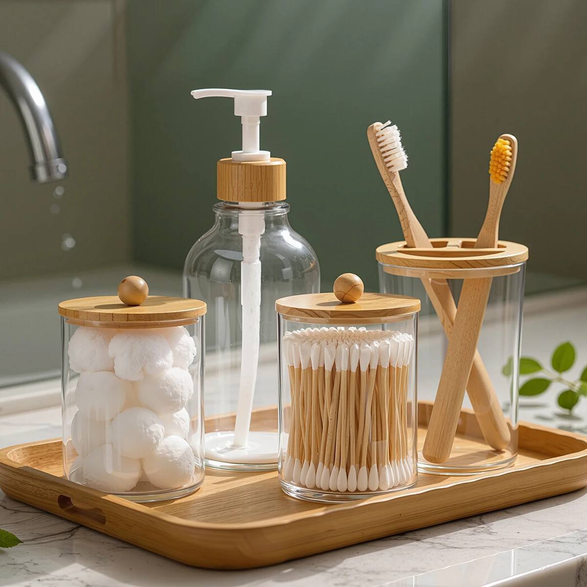 Ensemble d'Accessoires de Salle de Bain en Verre & Bambou – 4 Pièces