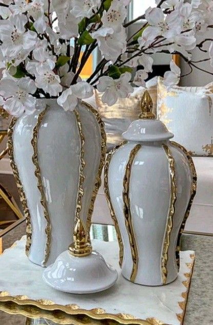 Ensemble 🏺 de Vases Décoratifs en Céramique Blanc et Or – Style Luxe Moderne