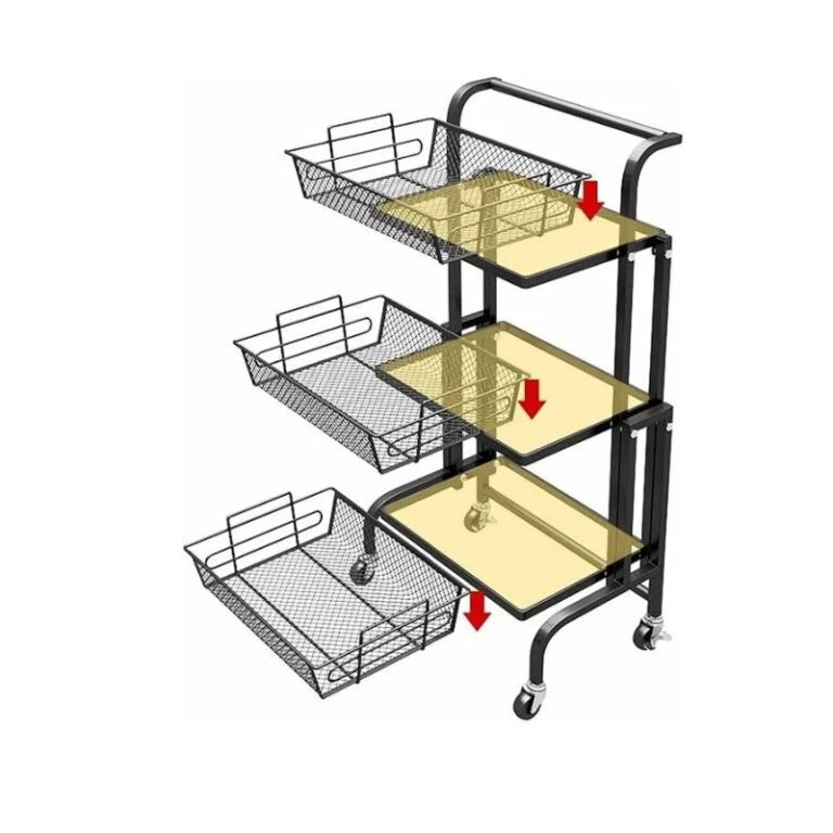 chariot de rangement pliable, chariot 3-en-1, chariot mobile cuisine, rangement modulable, organisateur maison, chariot à roulettes, chariot multifonction, étagère pliante, FlexiCart Clinson, rangement compact. Nesto.ma