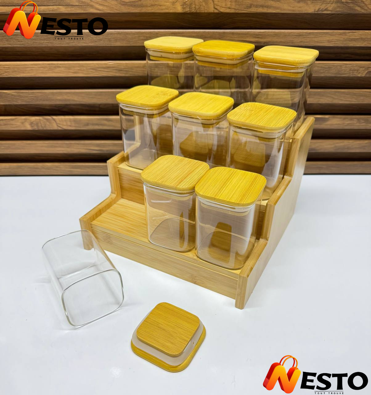 Ensemble 7+1 Pots à Épices en Bambou – Organisateur Naturel & Élégant