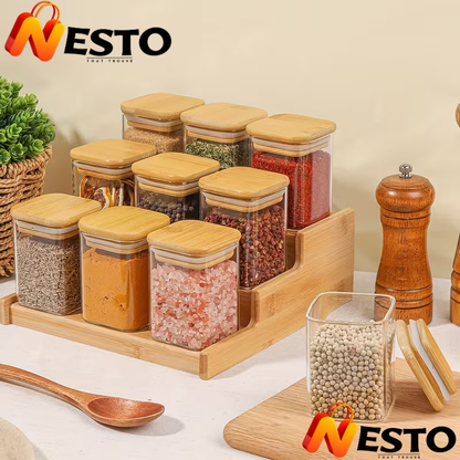 Ensemble 7+1 Pots à Épices en Bambou – Organisateur Naturel & Élégant