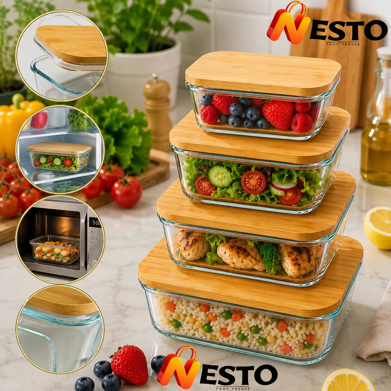 Boîte à Lunch en Verre avec Couvercle en Bambou – Grande Capacité, Anti-Fuite & Micro-ondes