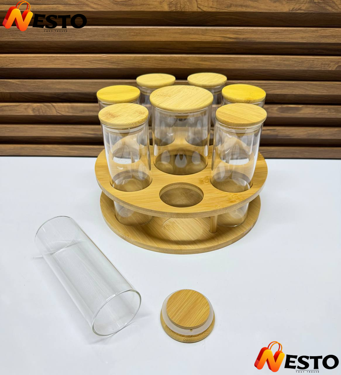 Ensemble 7+1 Pots à Épices en Bambou – Organisateur Naturel & Élégant