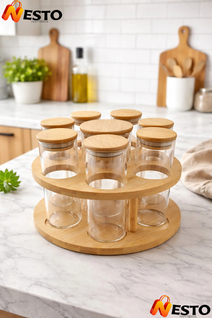 Ensemble 7+1 Pots à Épices en Bambou – Organisateur Naturel & Élégant