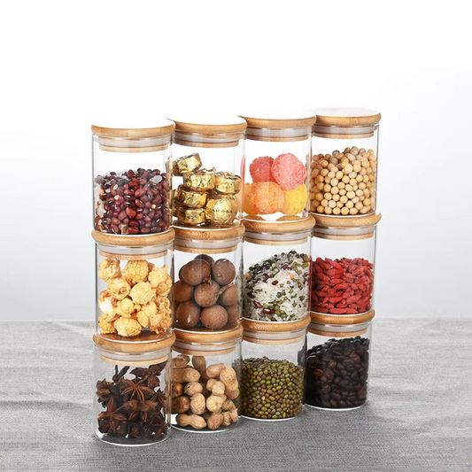 6 Bocaux Ronds en Verre Borosilicate avec Couvercles en Bois