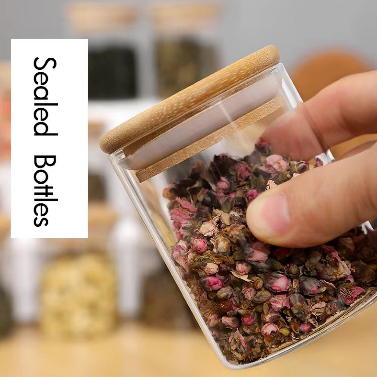 6 Bocaux Ronds en Verre Borosilicate avec Couvercles en Bois