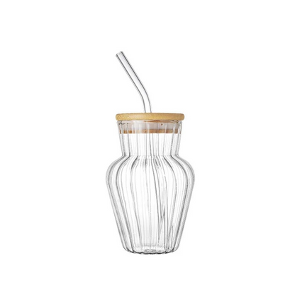 Verre à Rayures Moderne avec Couvercle et Paille – Design Contemporain