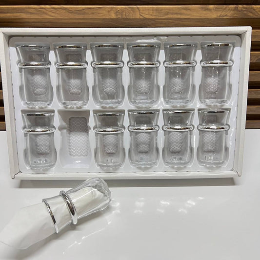 12 verres à thé transparents avec motifs argentés