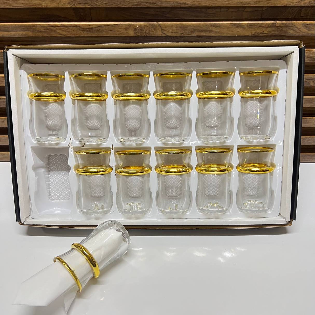 12 verres à thé en verre transparent avec détails dorés élégants