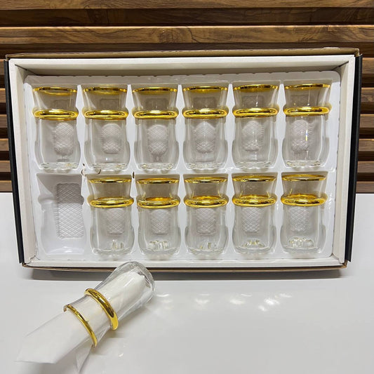 12 verres à thé en verre transparent avec détails dorés élégants