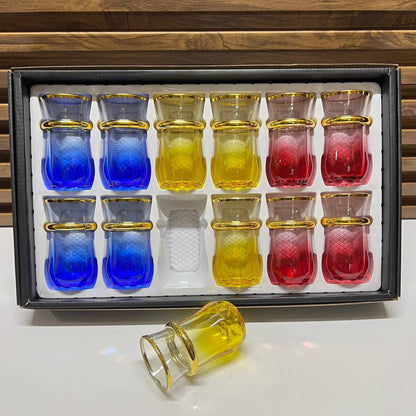 12 verres à thé Beldi marocains artisanaux, multicolores et ornés de doré