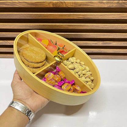 Plateau en Bambou à 4 Compartiments – Couvercle Inclus pour Organiser Noix et Desserts