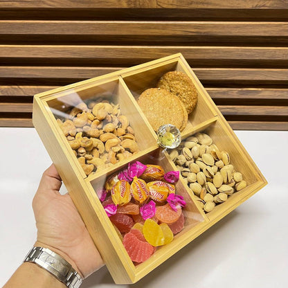 Plateau Carré en Bambou à 4 Compartiments avec Couvercle