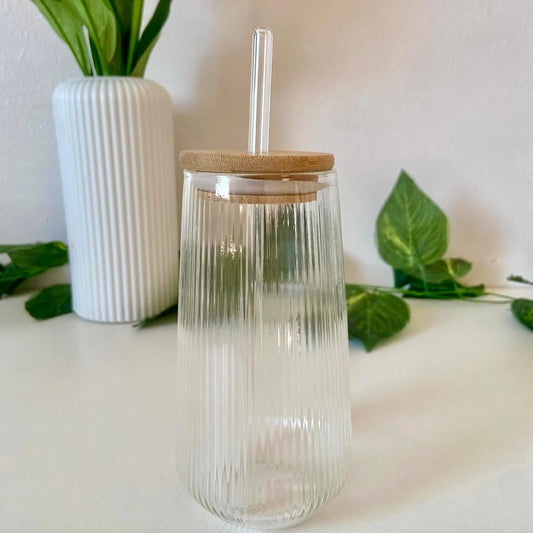 3 Tasse en verre avec couvercle et paille Grande à rayures verticales