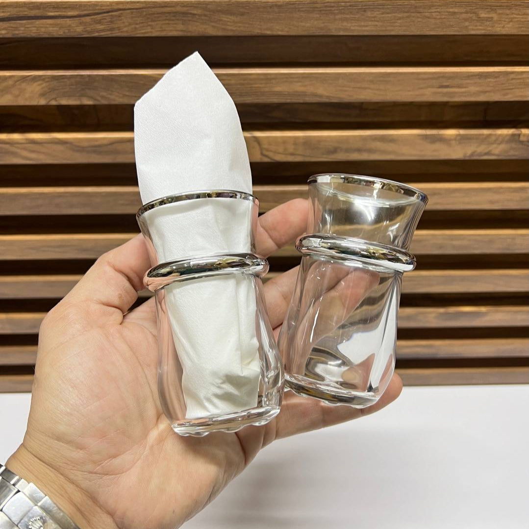 12 verres à thé transparents avec motifs argentés