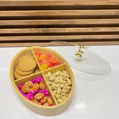 Plateau en Bambou à 4 Compartiments – Couvercle Inclus pour Organiser Noix et Desserts